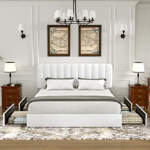 King Size Upholstered Bed Frame with 4 Drawers and Headboard