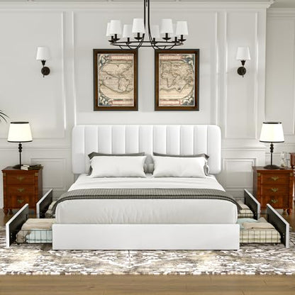 King Size Upholstered Bed Frame with 4 Drawers and Headboard