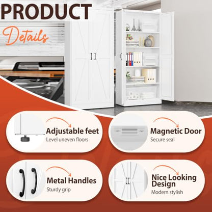 71" White Metal Storage Pantry Cabinet