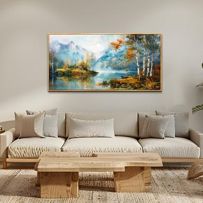 Large Wood Framed Wall Decor For Living Room Canvas Wall Art For Office Modern Wall Decorations For Bedroom Lake View Painting Tree Forest Pictures Artwork Room Home Decor 24x48 In