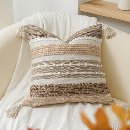 Brown Decorative Throw Pillow Cover 18x18 Square Boho Accent Pillowcase Tassels Farmhouse Cushion for Couch Sofa Bedroom Livingroom Home Décor Cover ONLY