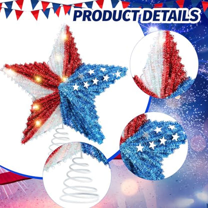 4th of July Star Tree Topper 250 Anniversary 9'' Independence Day Tree Decoration 3D Star Topper with Lights Party Decoration for 4th of July Holiday Outdoor Party Gift