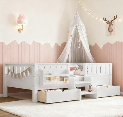 Bellemave Twin Size Kids Bed with high Rails and with Built-in Bookshelf and Drawers for Kids, Girls, Boys, Wood Montessori Bed Without Door, White