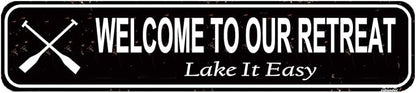 Welcome to Our Retreat 'Lake It Easy' Metal Sign - Rustic Canoe Paddle & Lake House Decor - Relaxing Front Door Welcome Sign - Vintage Tin Wall Art - 16 x 4 Inch