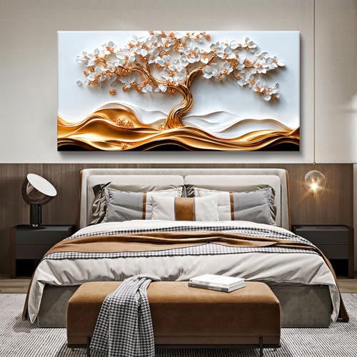 Large White Wall Art Prints Gold Tree Of Life Canvas Art Wall Decor For Living Room Aesthetic Home Tree Pictures Wall Decor Picture For Bedroom Loft Villa Guest Room Interior Adornment 29*58 Inch