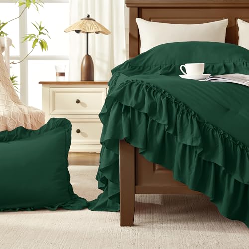Dark Green Twin Size Ruffle Comforter Set
