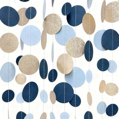 Navy Blue Champagne Gold Polka Dots Garland Hanging Paper Circle Dot Streamer for Birthday Wedding Shower Graduation Engagement Bridal Shower Bachelorette Retirement Party Decorations Supplies