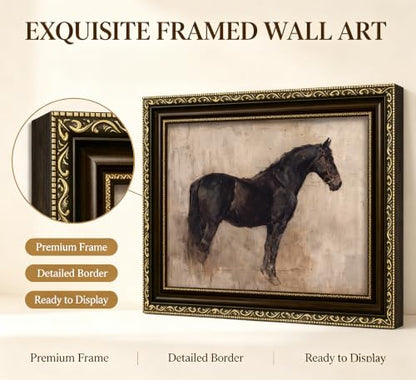 Vintage Gold Framed Black Horse Wall Art