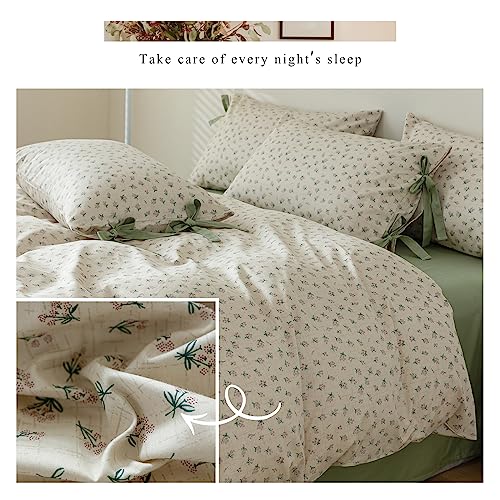 Green Floral Comforter Set Queen Vintage Coquette Bedding Comforter for Girl Women Floral Botanical Comforter with 2 Bow Ties Pillowcases Cottagecore Bedding Flowers Comforter Set Queen Size
