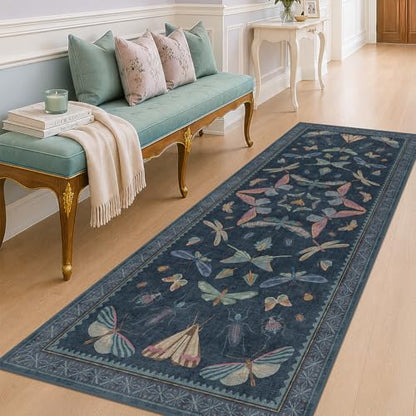 Vintage Dark Blue Insect Moth Runner Rug 3x8 (24 Sq Ft)