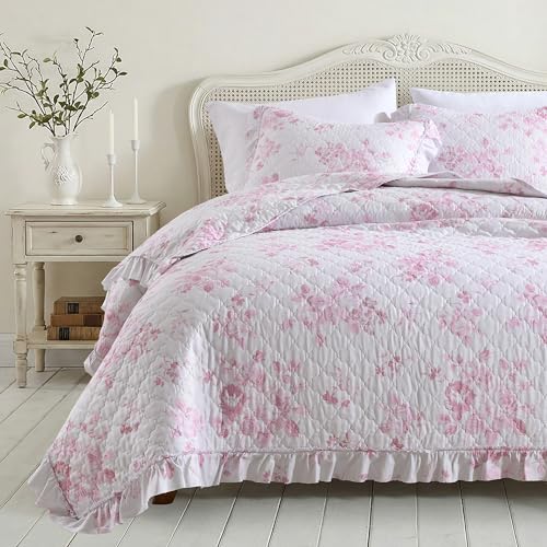 Pink Ruffled Quilt Queen Size with 2 Pillow Shams