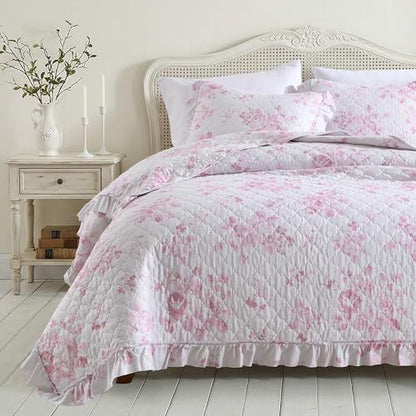 Pink Ruffled Quilt Queen Size with 2 Pillow Shams