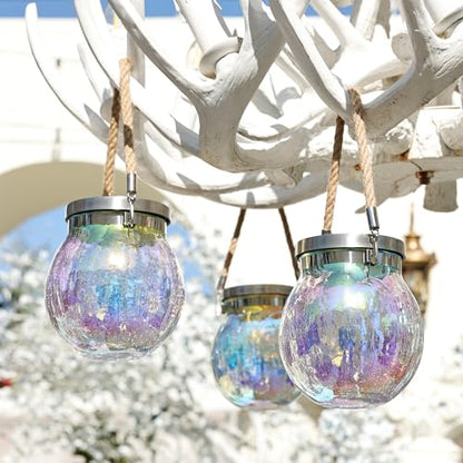 Gift for her him 2 Pack Solar Lanterns Waterproof Outdoor Iridescent Heavy Crackle Glass a Big LED Stainless Steel Lid 215% Solar for Women Mom Grandma Outdoor Table Lamps Garden Backyard Decor (2 Count)