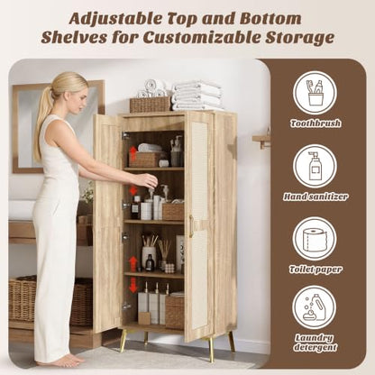 Tall Bathroom Storage Cabinet 57" Rattan Pantry Cabinet