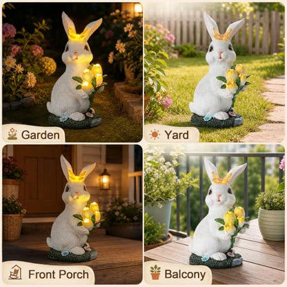Solar Rabbit Statue Waterproof LED Flower Bouquet Garden Decor
