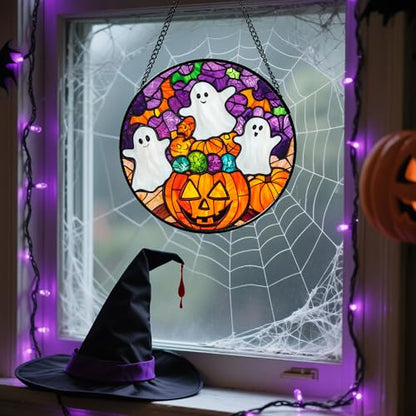 Stained Glass Window Hanging Halloween Horror Pumpkin White Ghost 11.8"