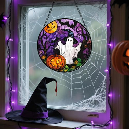 Stained Glass Window Hanging Halloween White Ghost Black Bat 15"