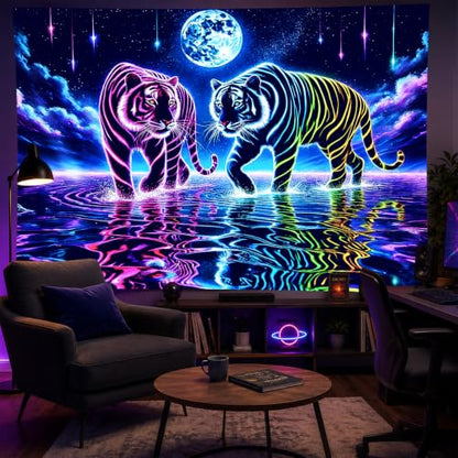 Psychedelic Blacklight Tapestry Banner 79x59 Inch Neon Tapestry Tiger Cosmic Moon Water Reflection Art Aesthetic Bohemian Glow In The Dark Decor Wall Hanging Trippy Vibrant Black Light Tapestries