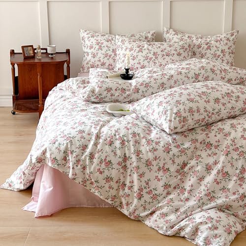 Vintage Flower Comforter Set Queen Girls Cute Pink Floral Bedding Comforter Lightweight Soft Cottagecore Bedding Set Botanical Rose Flowers Print Farmhouse Comforter with 2 Pillowcases