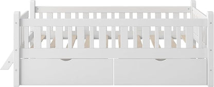 Twin Size Platform Bed with Guardrail and 2 Drawers, Wood Kids Platform Bed Frame with Two-Step Ladder for Boys Girls, Sturdy Slats Support (White-1.26)