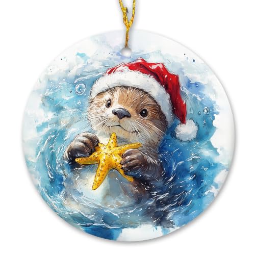 Coastal Beach Santa Sea Otter Christmas Ceramic Ornament