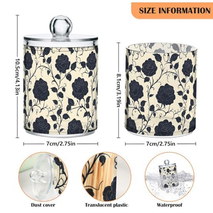 2 Pack Qtip Holder Organizer Dispenser Black Roses Tile Pattern Bathroom Storage Canister Cotton Ball Holder Container for Cotton Pads (2 Count)
