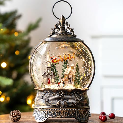 Christmas Snow Globes Lantern Snow Globe with Music Water Lantern Santa Flying Scene Elk Lighted Swirling Water Glitters Snowglobe Christmas Decoration