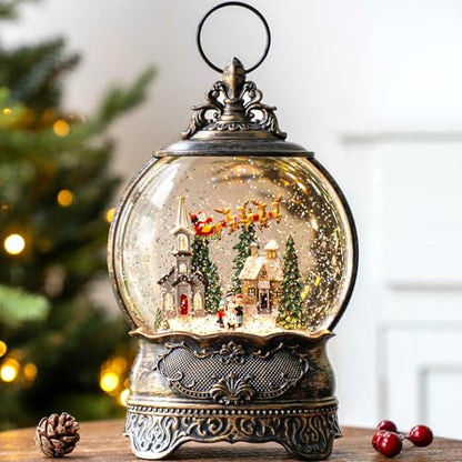 Christmas Snow Globes Lantern Snow Globe with Music Water Lantern Santa Flying Scene Elk Lighted Swirling Water Glitters Snowglobe Christmas Decoration