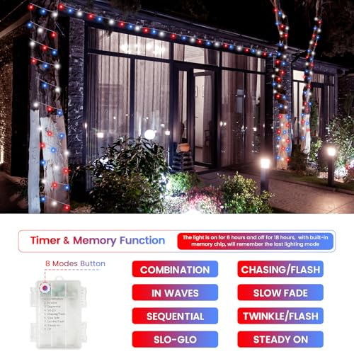 2 Pack 100LED Red White and Blue Lights Battery Operated