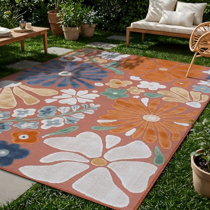 Outdoor Rug 10x14 Large Modern Floral Tropical Area Rugs for Outdoor and Indoor Patio Easy to Clean Non Shedding Living Room Porch Garden Washable Outside Carpet (140 Sq Ft)