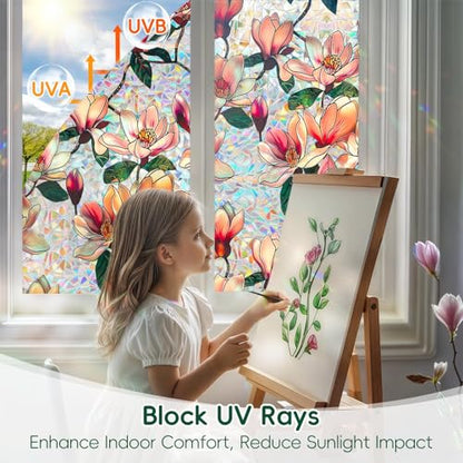 Window Privacy Film Decorative Stained Glass Window Film Rainbow Magnolia Floral Static Cling Non