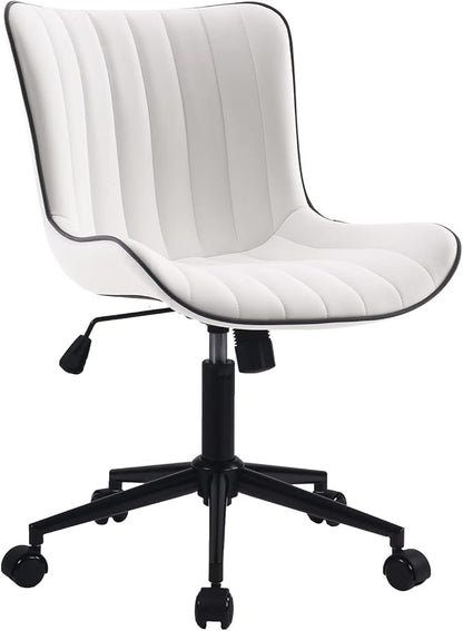 YOUNIKE Home Office Desk Chair with Wheels Armless Vanity Chair with Back Comfy Modern Leather Upholstered Rolling Task Chair Swivel Small Cute Computer Chair No Arms Wide Adjustable Ergonomic White