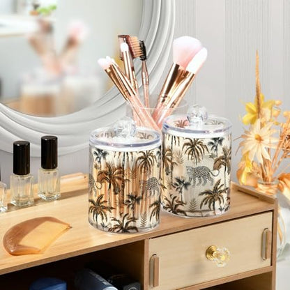 2 Pack Qtip Holder Organizer Dispenser Leopard Palm Trees Bathroom Storage Canister Cotton Ball Holder Container for Cotton Pads (2 Count)
