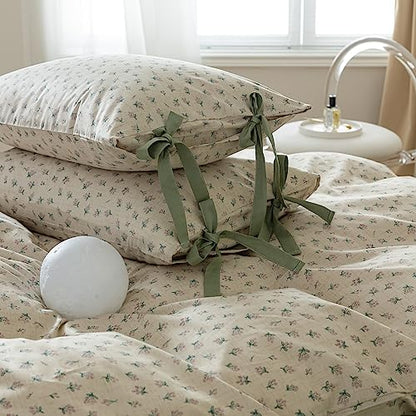 Full Comforter Set Vintage Green Floral Bedding Comforter Boho Flower Cottagecore Comforter with 2 Bow Ties Pillowcases Fluffy Lightweight Bedding Farmhouse Botanical Comforter Set (3 Count)