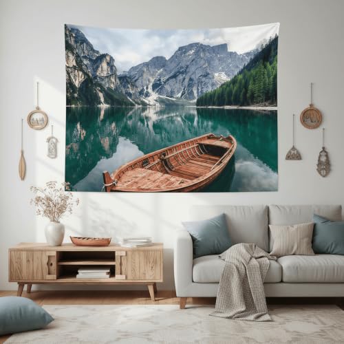 Nature Mountain Lake Boat Tapestry 48x36 Inch