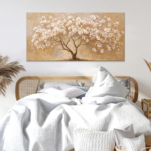 Large Canvas Wall Art Decor Beige Magnolia Tree of Life Canvas Art Wall Decor For Living Room White Flower Wall Art Decor Modern Tree Botanical Canvas Prints Decor For Bedroom Home Office 24"×48"