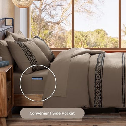 Embroidery King Size Comforter Set 7 Pieces Taupe Grey Bed in a Bag