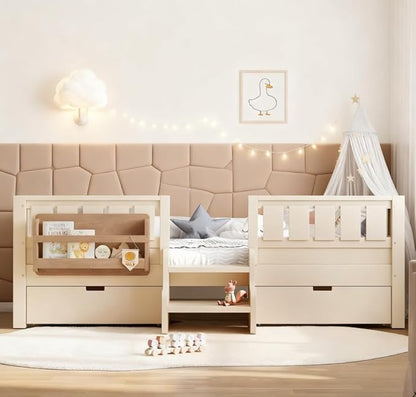 Bellemave Twin Size Kids Bed with high Rails and with Built-in Bookshelf and Drawers for Kids, Girls, Boys, Wood Montessori Bed Without Door, Beige