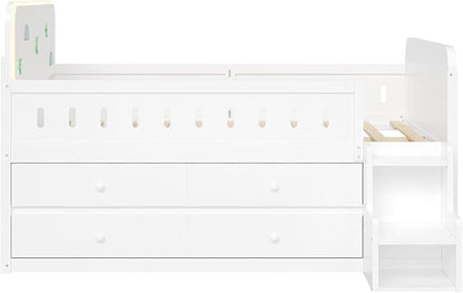 Full Size Platform Bed with Guardrail and 4 Drawers, Wooden Kids Platform Bed Frame with Two-Step Staircases and Light Strip for Boys Girls, Sturdy Slats Support (White-11A)