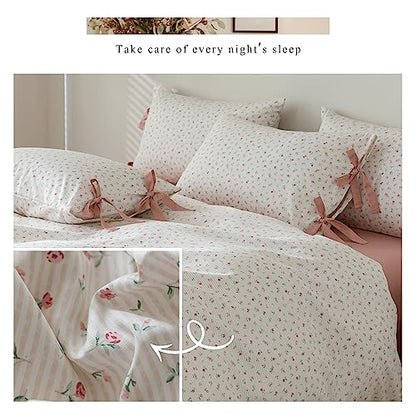 King Size Comforter Set Garden Style Pink White Floral Comforter Set Cozy Aesthetic Bedding Cottagecore Comforter Vintage Botanical Flower Comforter with 2 Bow Ties Pillowcases Fluffy Bed Set