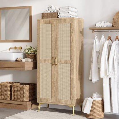 Tall Bathroom Storage Cabinet 57" Rattan Pantry Cabinet