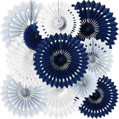 Honeycomb Round Paper Fan Blue Gray White Hanging Party Decoration (11 Count)