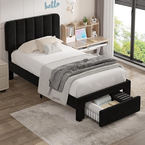 Twin Size Upholstered Bed Frame with Drawer and Headboard