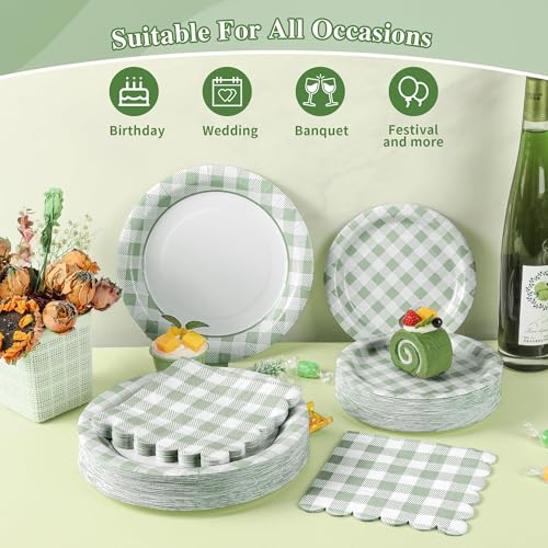 175 Pcs Sage Green Gingham Paper Plates and Napkins Cups (175 Count)