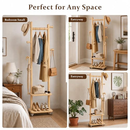Small Clothes Rack Solid Wood Coat Rack Freestanding with Wheels
