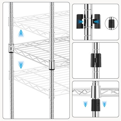1250 lbs 5 Tier Shelf Metal Storage Shelves Wire Rack Closet Organizers with Wheel for Garage Kitchen Bathroom Laundry Chrome 13.7" D x 23.6" W x 62.4" H (5 Count)