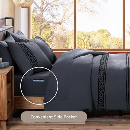 Embroidery Full Size Comforter Set 7 Pieces Crown Blue Bed in a Bag