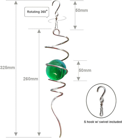 FONMY Gazing Ball Spiral Tail Wind Spinner Stabilizer with Swivel Hook 11inch Stainless Steel Tail and 2 inch Green Glass Orb. Indoor Outdoor Garden Decoration Hanging Ornaments 13 inch Height