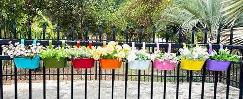 8 Pack 12" Colorful Metal Railing Planters with Hooks for Outdoor Fence (8 Count)