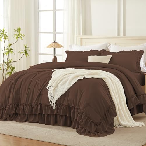 Brown Ruffle Comforter Set Queen Size